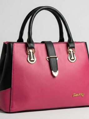 Structured Pink and Black Satchel‎ with Gold Accents